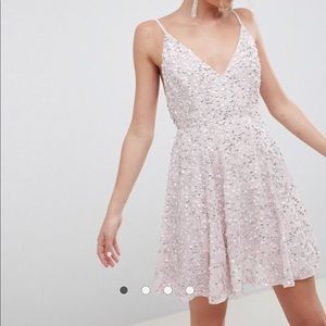 delicate sequin plunge mini dress w/ full skirt